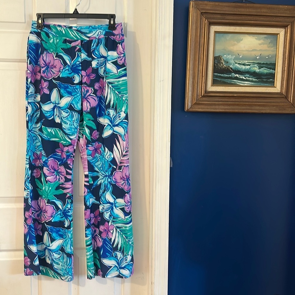 NWT Aryeh Vibrant Navy & Pink Floral Wide Leg Pull On Palazzo Cropped Pants Sz M